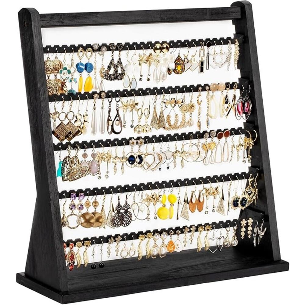 Earring Organizer Women Wood 5 Layer Display Stand Rustic Jewelry Holder Rack